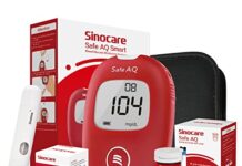Medidor de azúcar en sangre 【Mejores opiniones】 Sinocare Medidor de Glucosa en Sangre, Kit de Prueba de Glucosa en Sangre, 25 x Tiras de Prueba de Glucosa en Sangre y Dispositivo de Punción - mg/dL (Safe AQ Smart)