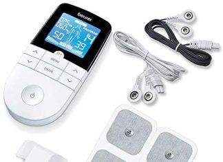 Elestroestimulador para alivio del dolor 【Mejores opiniones】 Beurer EM 49 TENS/EMS digital, dispositivo de corriente de estimulación 3 en 1 para el alivio del dolor y entrenamiento, función de masaje, incluye 4 electrodos, Color Blanco