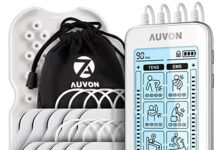 Electroestimulador TENS 4 canales 【Mejores opiniones】 AUVON Electroestimulador TENS de 4 salidas, TENS EMS para terapia de alivio del dolor con masajeador de pulso eléctrico de 24 modos, 10 piezas de electrodos premium de 2"x 2" con diseño patentado