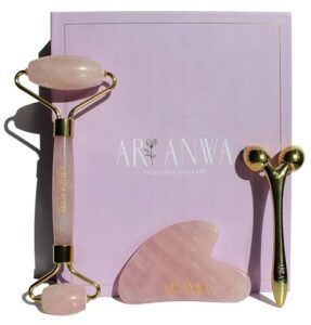 ARI ANWA Skincare ® Deluxe Face Yoga Set con Rodillo de Cuarzo Rosa, Cuarzo Rosa Gua Sha y masajeador 3D para una Piel Firme y contornos definidos Set de Cuidado y Lifting de la Piel