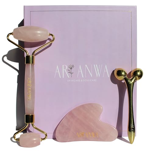 ARI ANWA Skincare ® Deluxe Face Yoga Set con Rodillo de Cuarzo Rosa, Cuarzo Rosa Gua Sha y masajeador 3D para una Piel Firme y contornos definidos Set de Cuidado y Lifting de la Piel